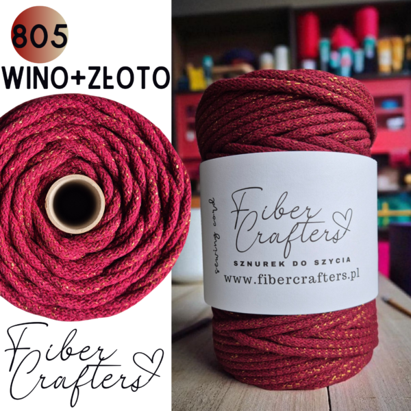 Sznurek do szycia FIBER CRAFTERS 6mm 50m 805 WINO+ZŁOTO