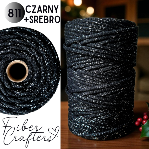Sznurek do szycia FIBER CRAFTERS 6mm 100m  CZARNY+SREBRO nr 811